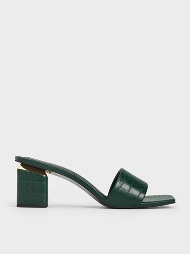 Croc-Effect Square Block Heel Mules, Animal Print Dark Green, hi-res