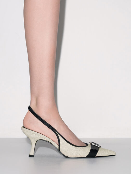 Anita Linen Buckled Pointed-Toe Slingback Pumps, Chalk, hi-res
