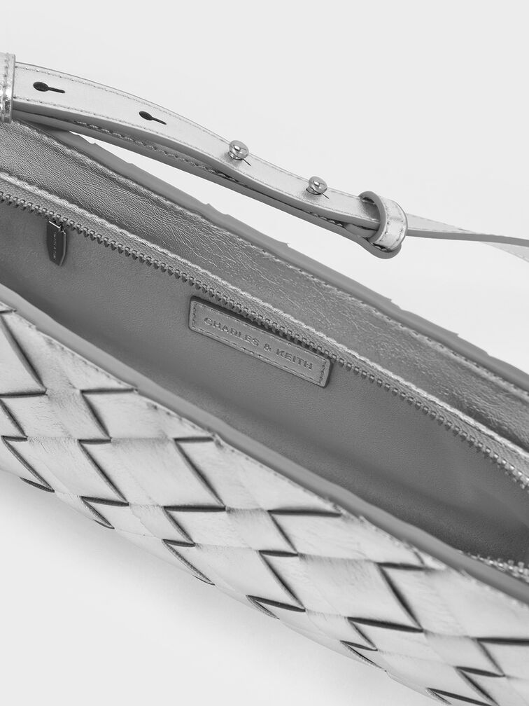 Ivette Metallic Woven Elongated Shoulder Bag, Silver, hi-res