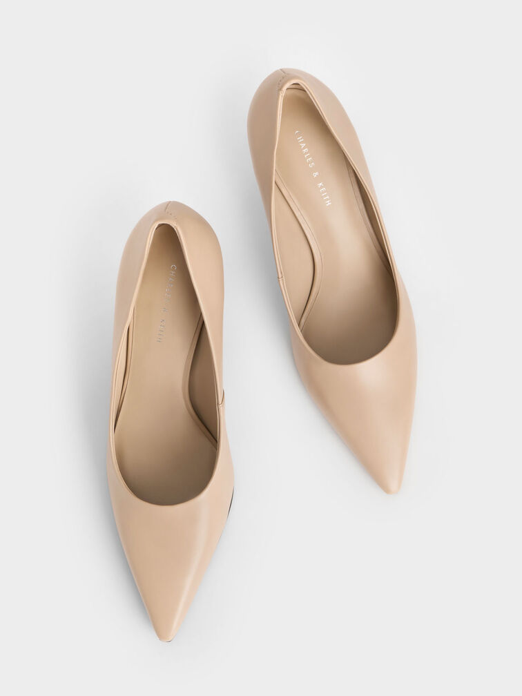 Sculptural Heel Pointed-Toe Pumps, Beige, hi-res