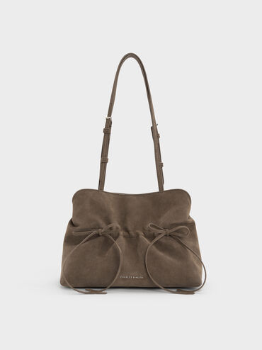 Reese Ruched Bow Shoulder Bag, Stone Grey, hi-res