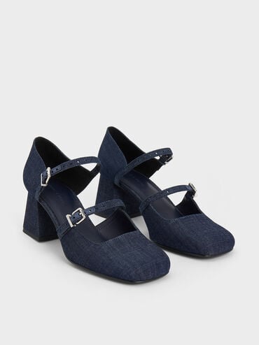 Denim Double-Strap D'Orsay Pumps, Dark Blue, hi-res