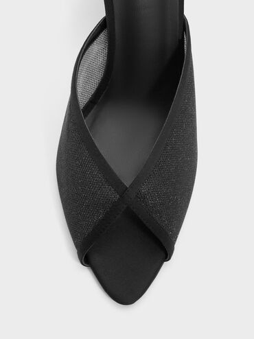 Glittered Mesh Peep-Toe Heeled Mules, Black Textured, hi-res