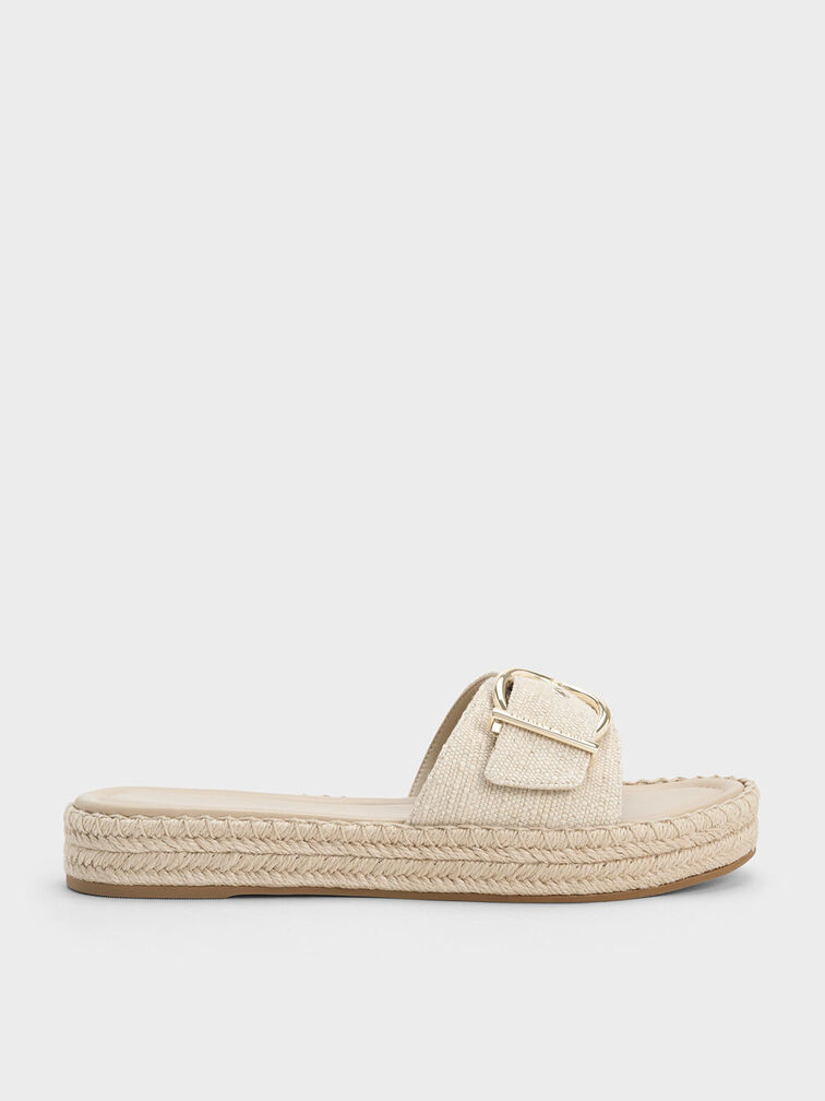Linen Buckled Espadrille Flat Sandals, Beige, hi-res