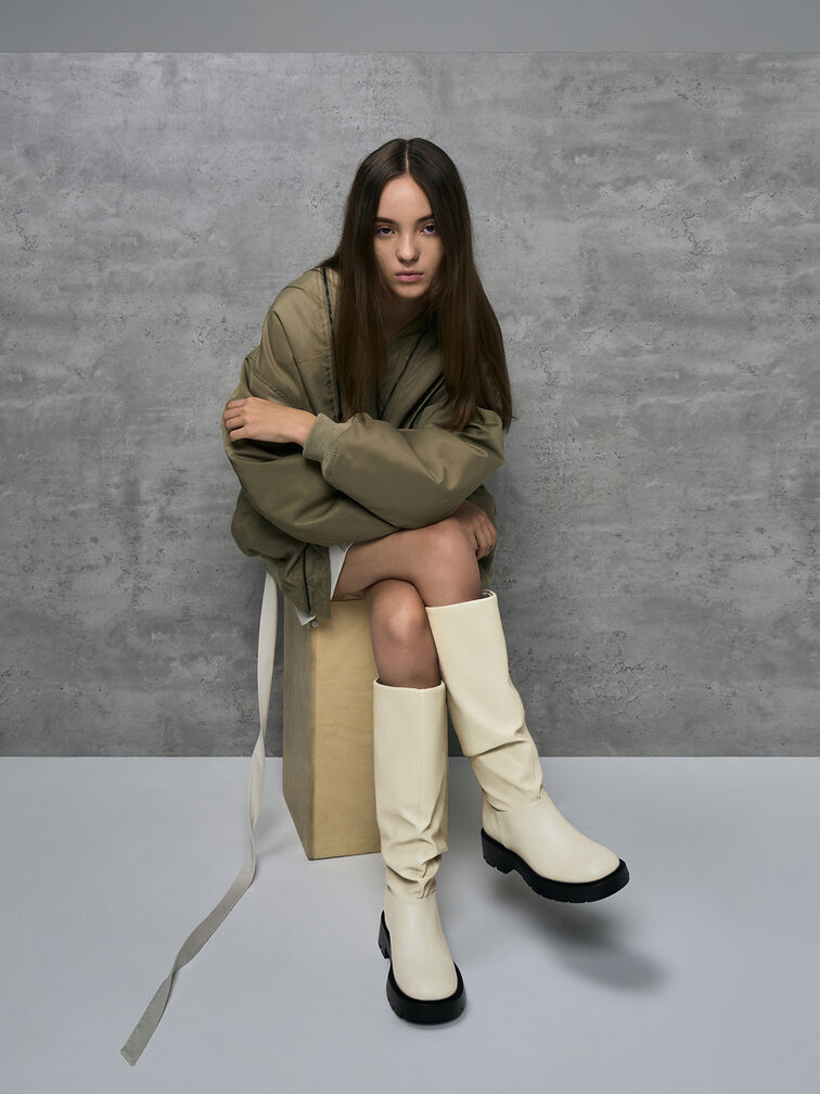 Ruched Knee-High Boots, Chalk, hi-res