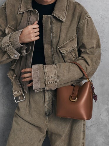 Gabine Leather Belted Top-Handle Bucket Bag, Chocolate, hi-res