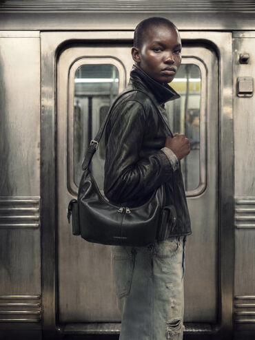 Large Bessie Side-Pocket Hobo Bag, Noir, hi-res