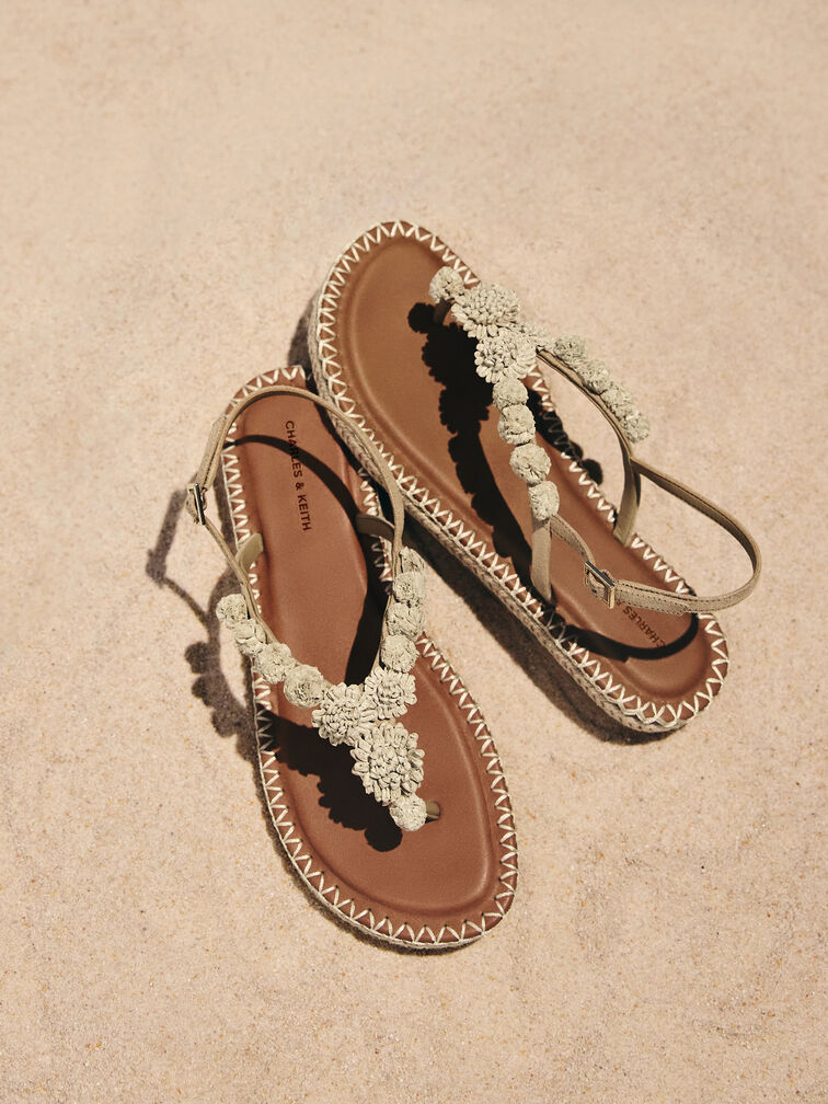 Faux Suede Flower Espadrille Thong Sandals, Sand, hi-res