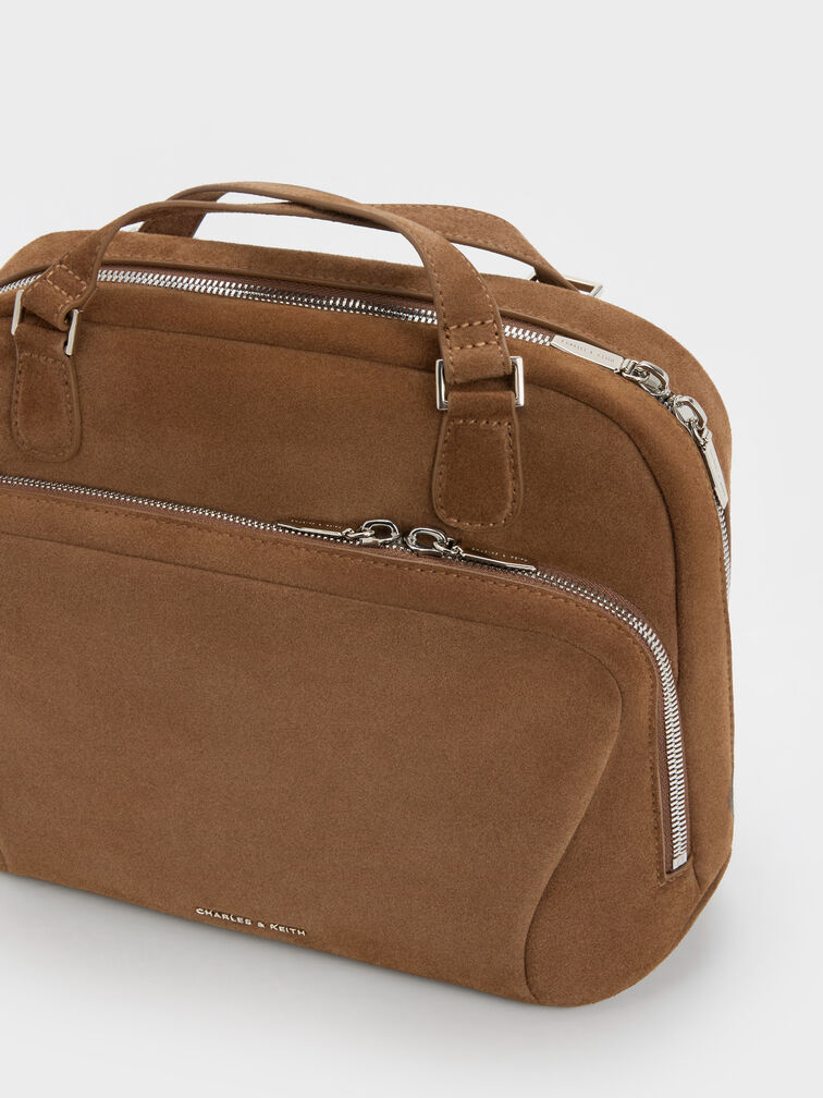 Nelly Recycled Suede Front-Pocket Boxy Backpack, Mocha Brown, hi-res