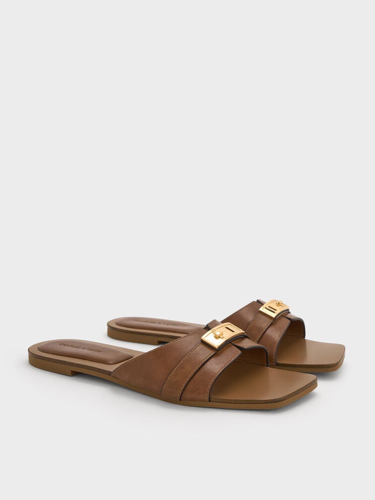 Lando Metallic-Accent Belted Slide Sandals, Cognac, hi-res