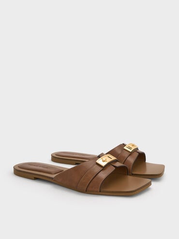 Lando Metallic-Accent Belted Slide Sandals, Cognac, hi-res
