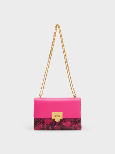 Snake Print Metallic Accent Clutch, Fuchsia, hi-res