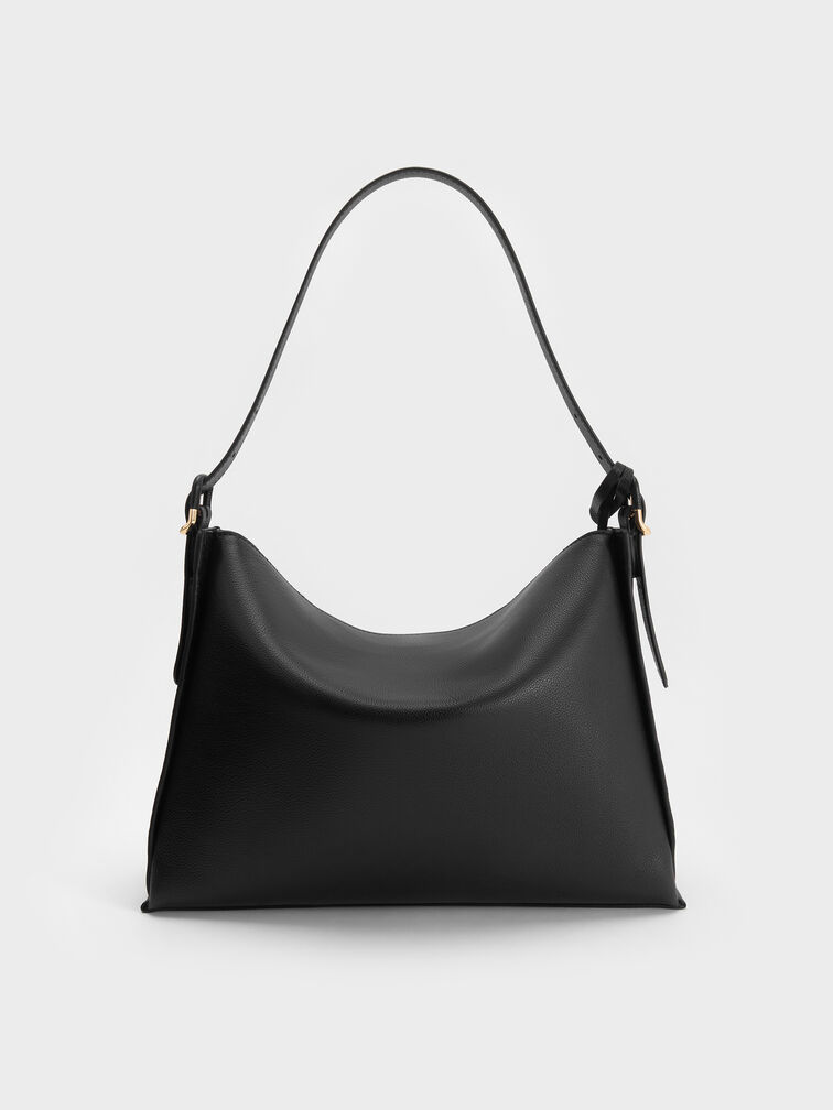 Large Leather Top-Flap Hobo Bag, Black, hi-res