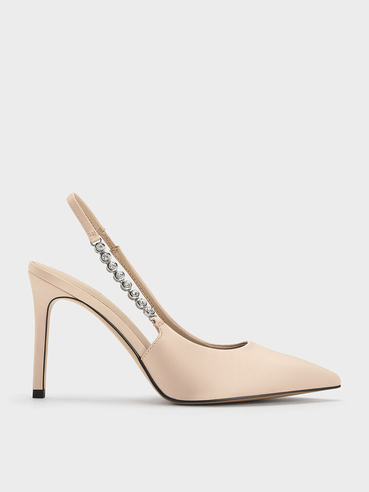 Flores Recycled Polyester Gem-Strap Slingback Pumps, Beige, hi-res