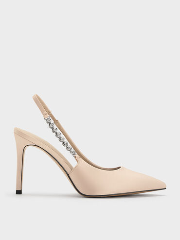 Flores Recycled Polyester Gem-Strap Slingback Pumps, Beige, hi-res