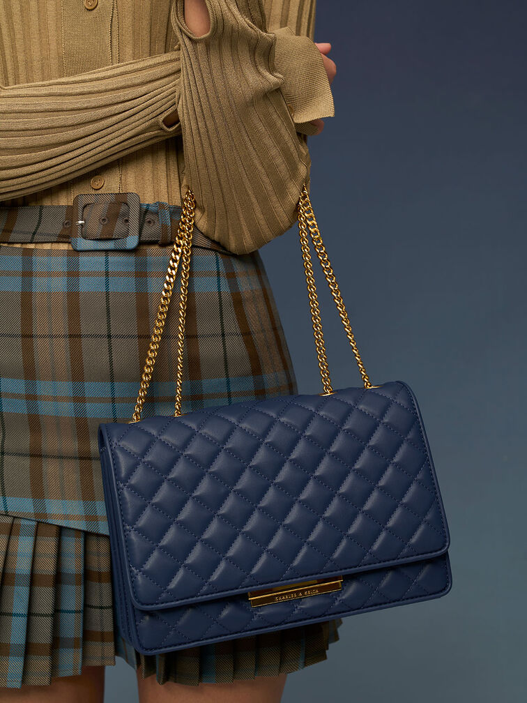 Double Chain Handle Quilted Bag, Navy, hi-res