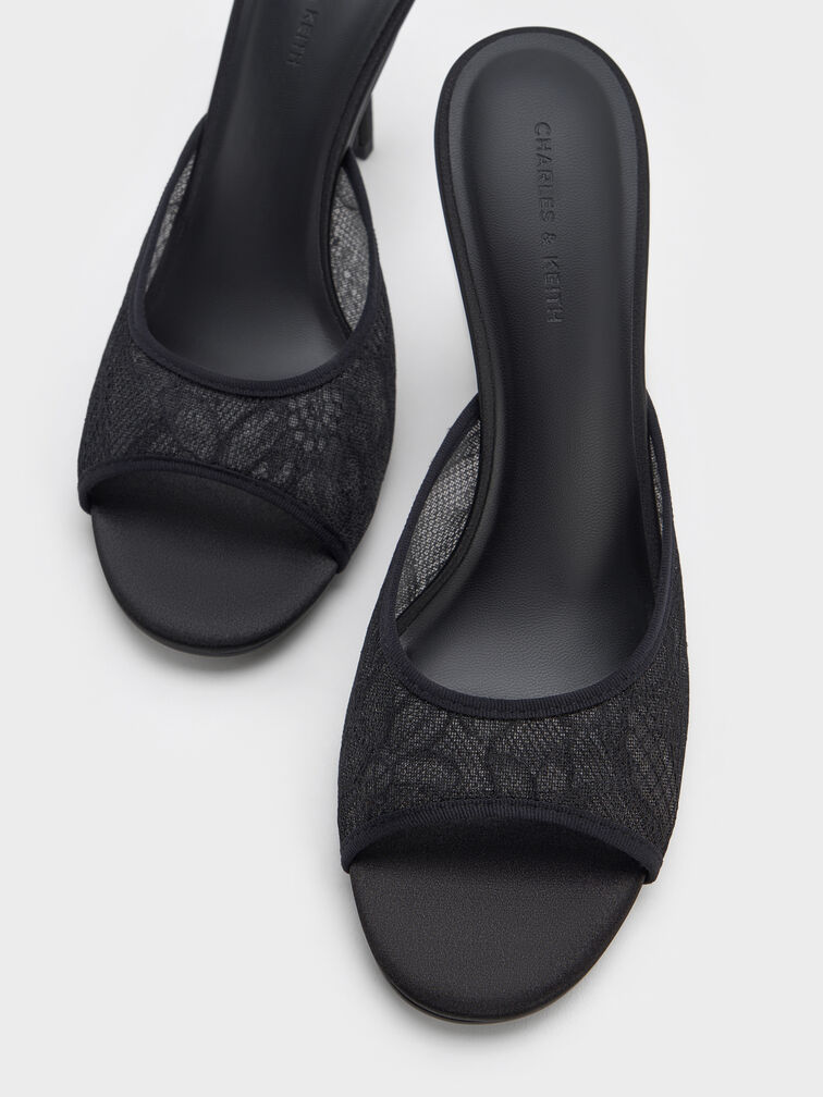 Lace Stiletto Mules, Black Textured, hi-res