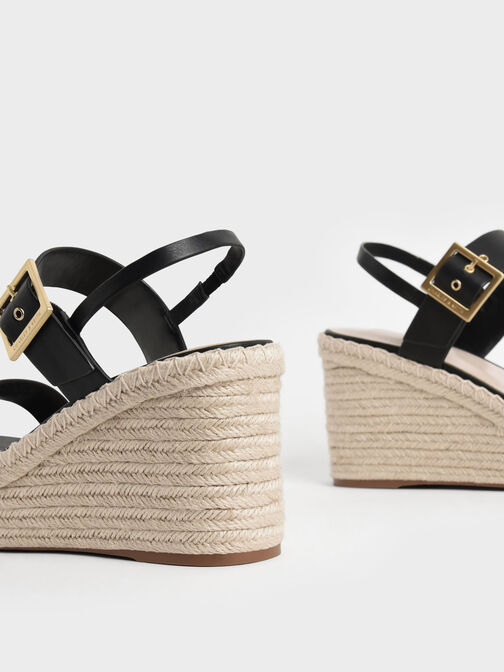 Buckled Espadrille Wedges, Black, hi-res