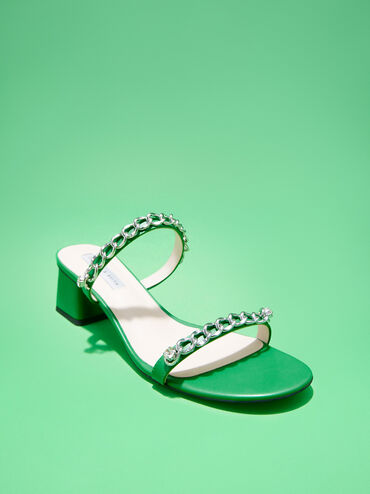 Chain-Link Block Heel Sandals, Green, hi-res