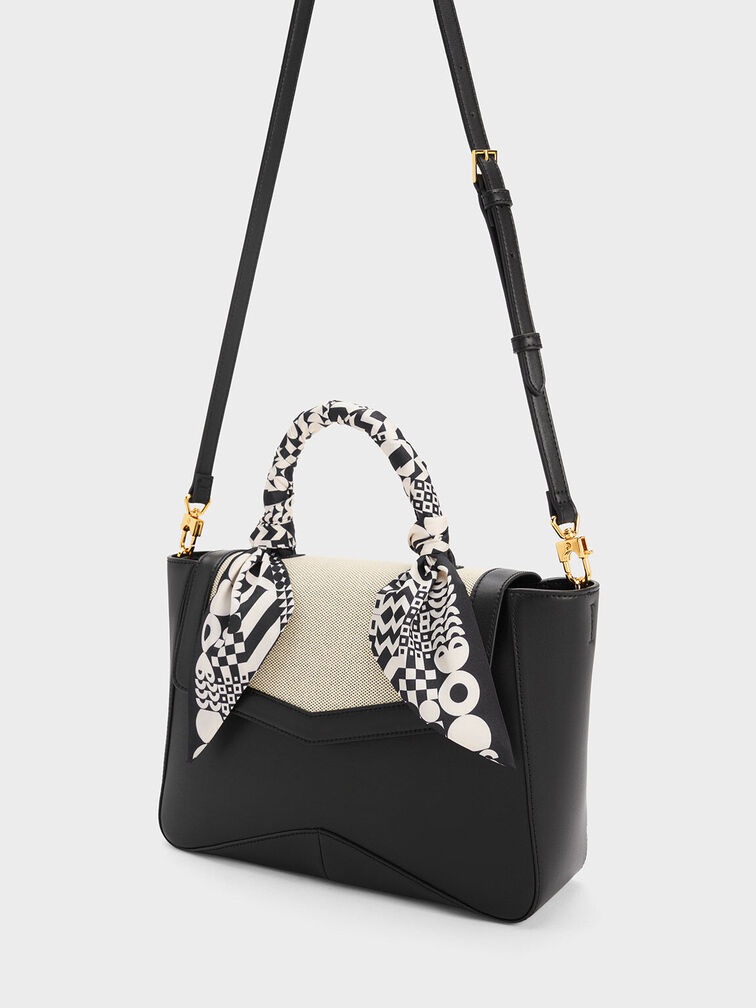 Arley Canvas Scarf-Wrapped Top Handle Bag, Black Textured, hi-res