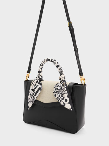 Arley Canvas Scarf-Wrapped Top Handle Bag, Black Textured, hi-res