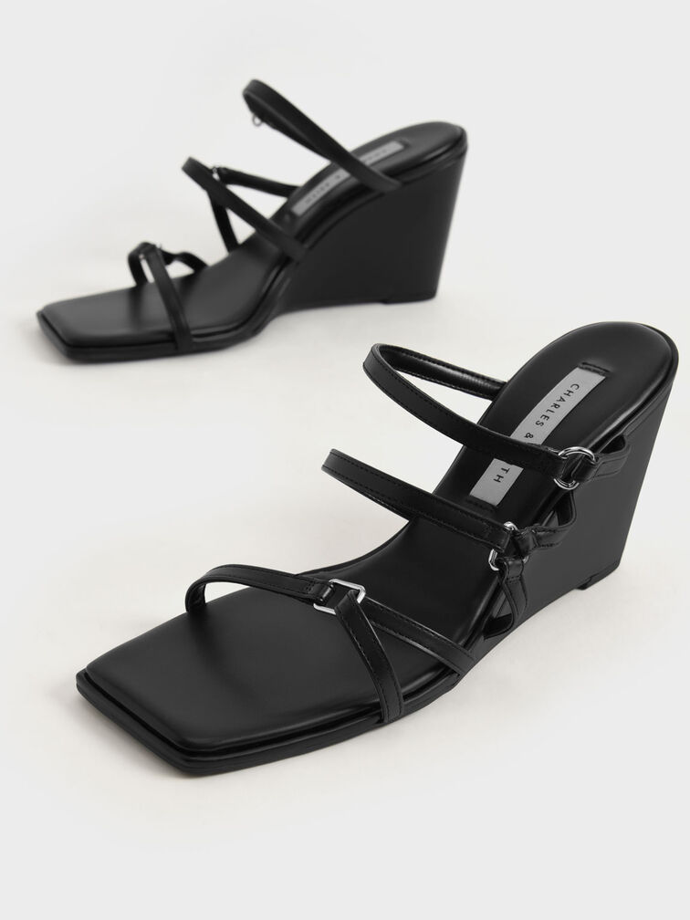 Strappy Wedge Mules, Black, hi-res