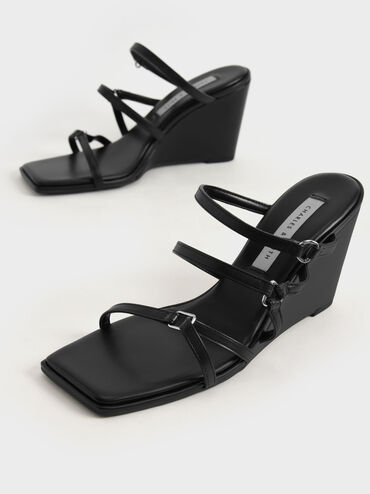 Strappy Wedge Mules, Black, hi-res