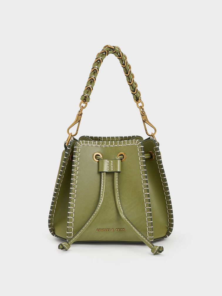 Circe Stitch-Trim Bucket Bag, Olive, hi-res