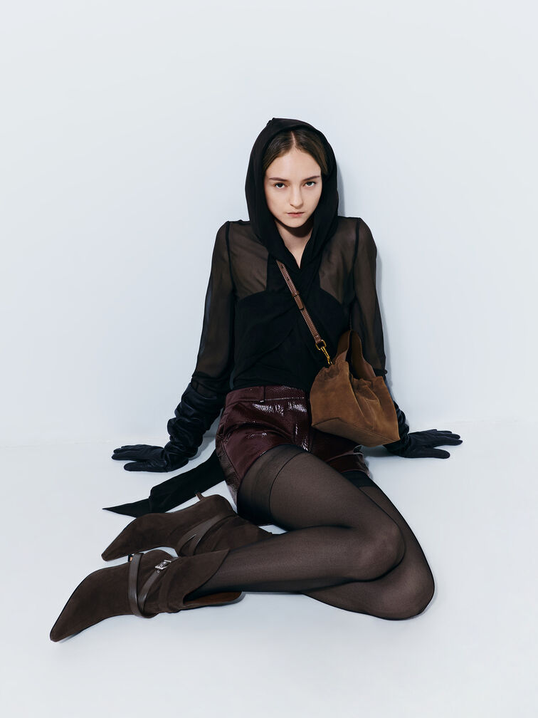 Ally Recycled Suede Ruched Slouchy Chain-Handle Bag, Mocha Brown, hi-res