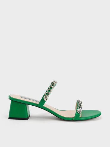 Chain-Link Block Heel Sandals, Green, hi-res