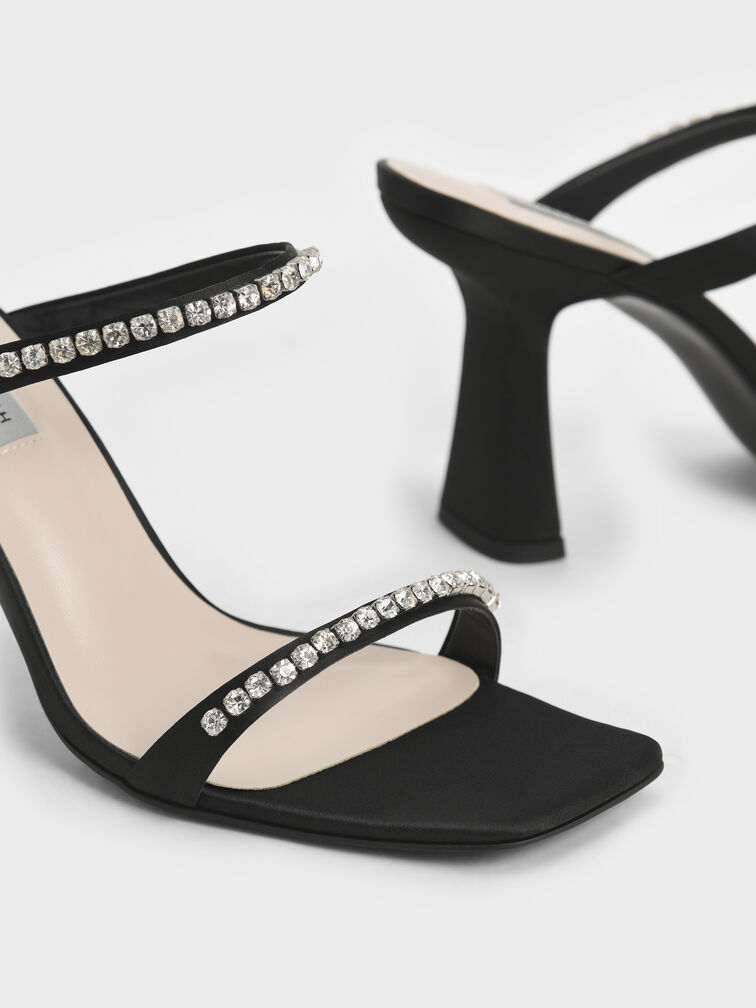 Satin Gem-Encrusted Heeled Sandals, Black, hi-res