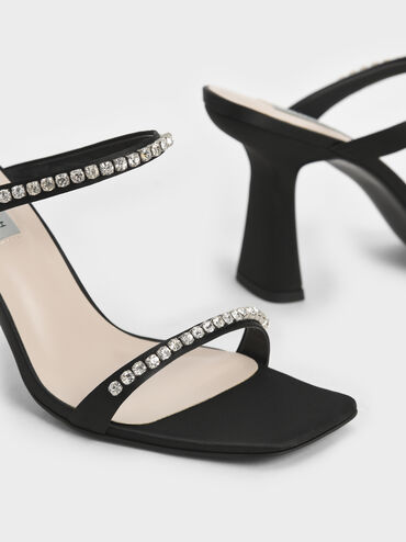 Satin Gem-Encrusted Heeled Sandals, Black, hi-res
