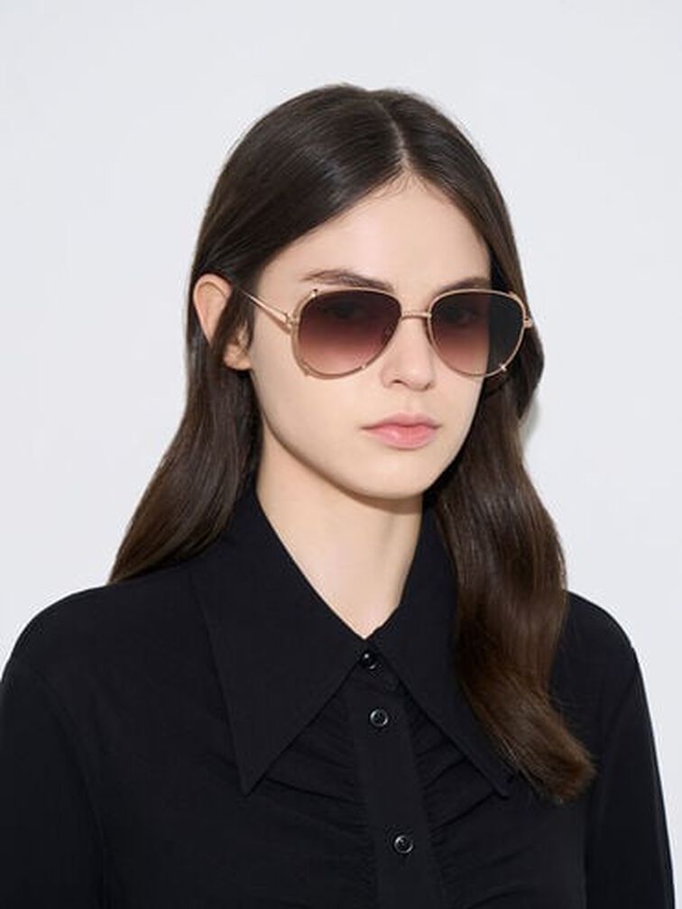 Gem-Embellished Wireframe Aviator Sunglasses, Rose Gold, hi-res