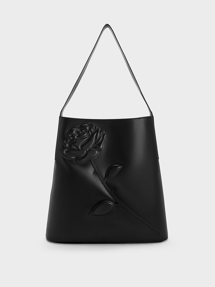 Rose-Motif Trapeze Shoulder Bag, Noir, hi-res