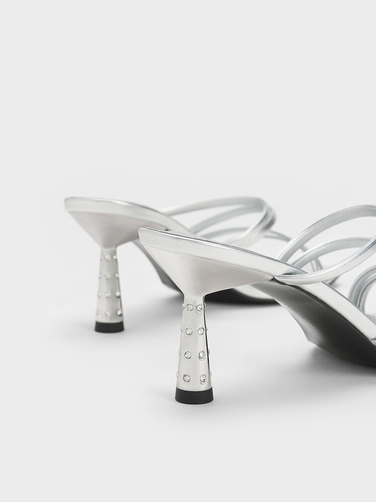 Metallic Embellished Cone Heel Sandals, Silver, hi-res