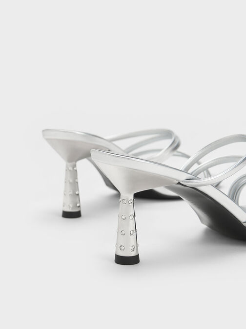Metallic Embellished Cone Heel Sandals, Silver, hi-res