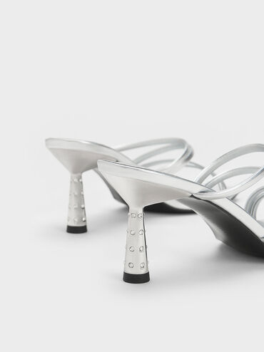 Metallic Embellished Cone Heel Sandals, Silver, hi-res