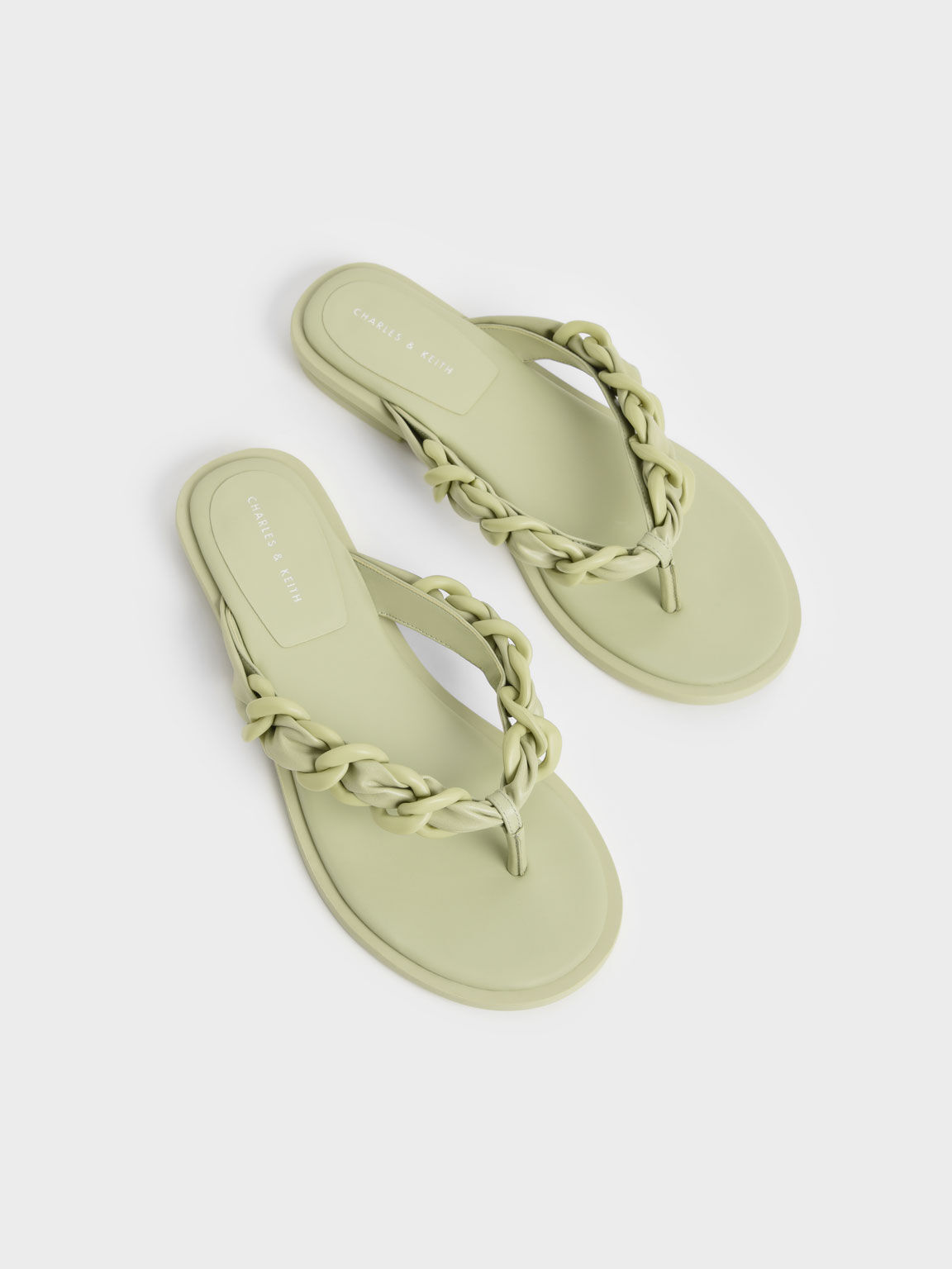 Sage Green Braided Chain Link Strap Thong Sandals CHARLES KEITH IN