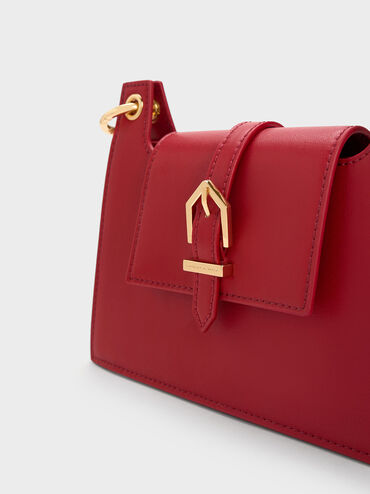 Belted Front Flap Shoulder Bag, Red, hi-res