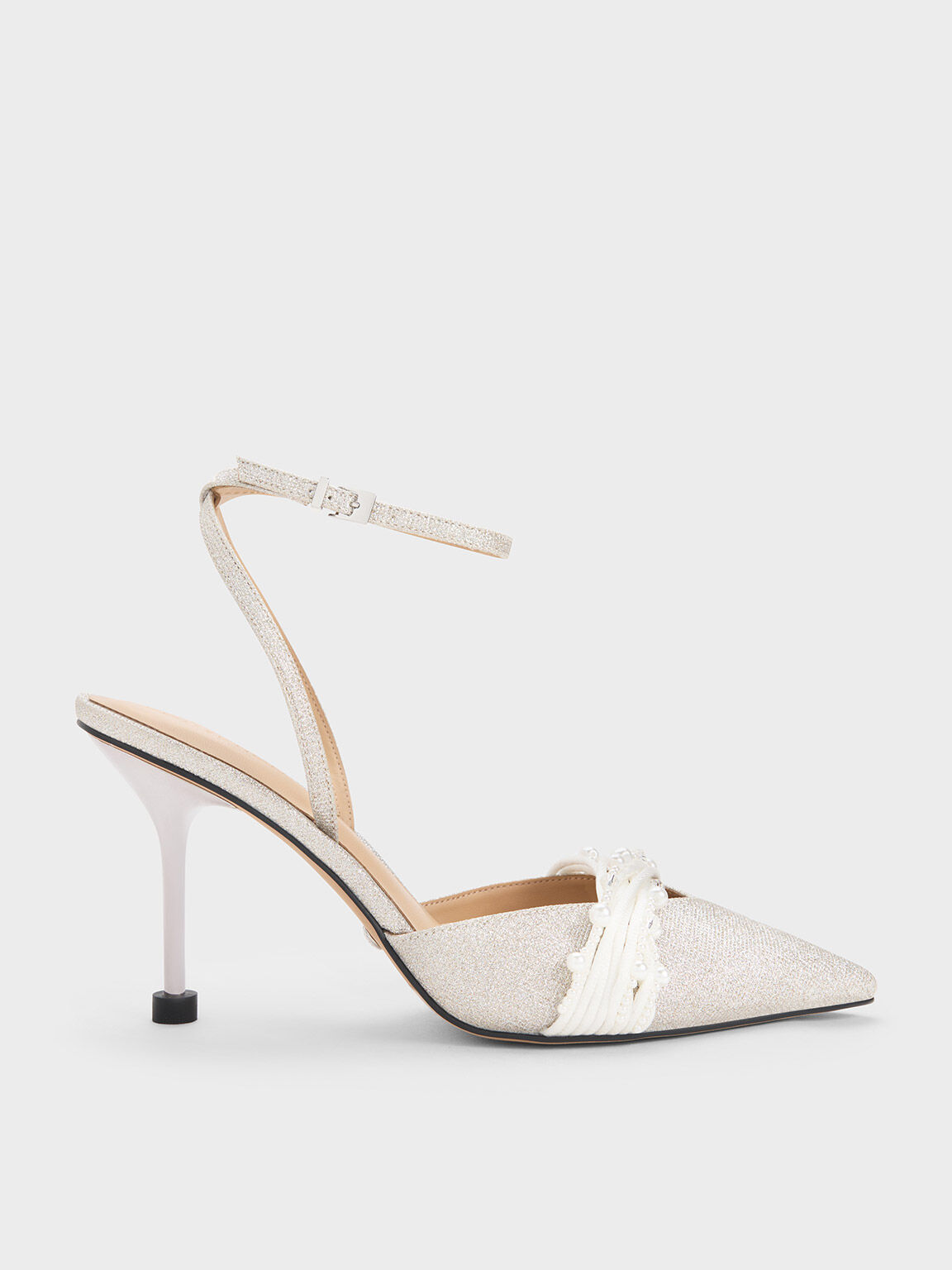 Beaded Glittered Ankle-Strap Pumps, Silver, hi-res