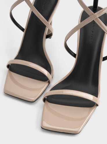 Patent Strappy Ankle-Strap Heeled Sandals, Taupe, hi-res