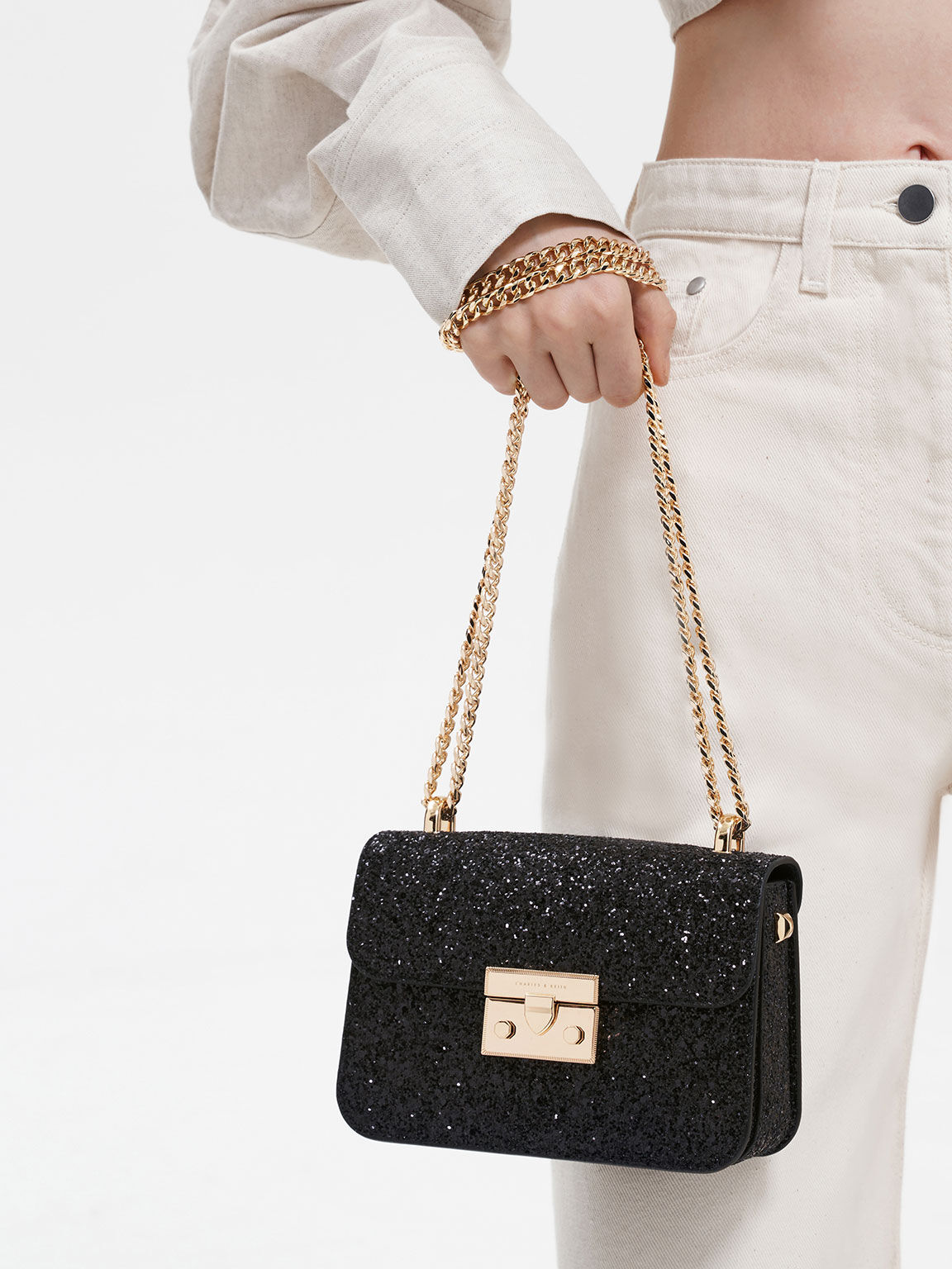Black Glittered Push Lock Chain Handle Bag CHARLES KEITH IN