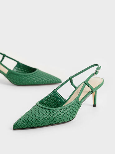 Woven Slingback Pumps, Green, hi-res