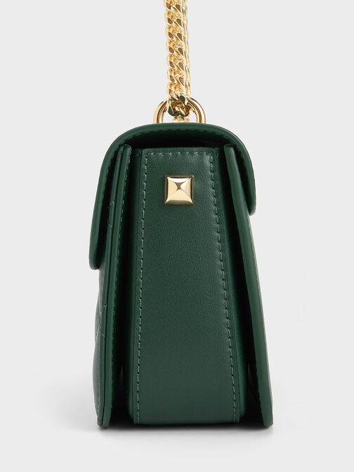 Quilted Push-Lock Chain-Handle Bag, Dark Green, hi-res