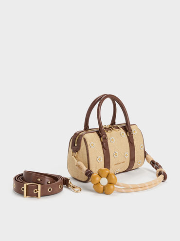 Philomena Raffia Flower Bowling Bag, Beige, hi-res