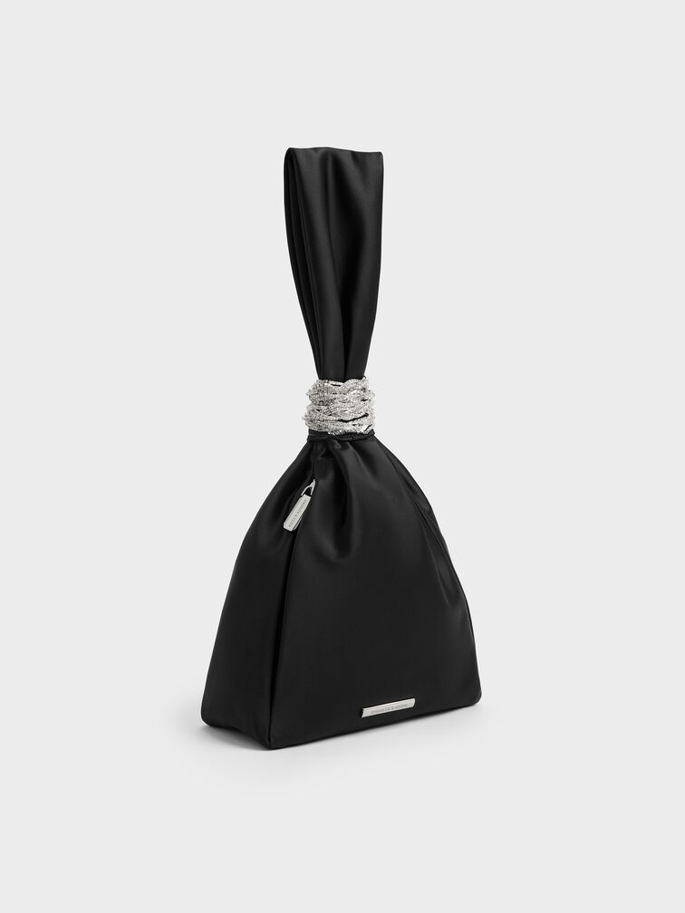 Judie Satin Crystal Wraparound-Chain Clutch, Noir, hi-res
