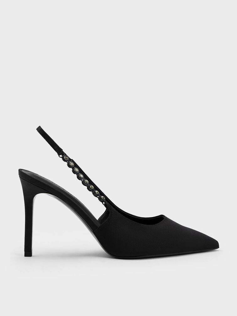 Flores Recycled Polyester Gem-Strap Slingback Pumps, Black, hi-res