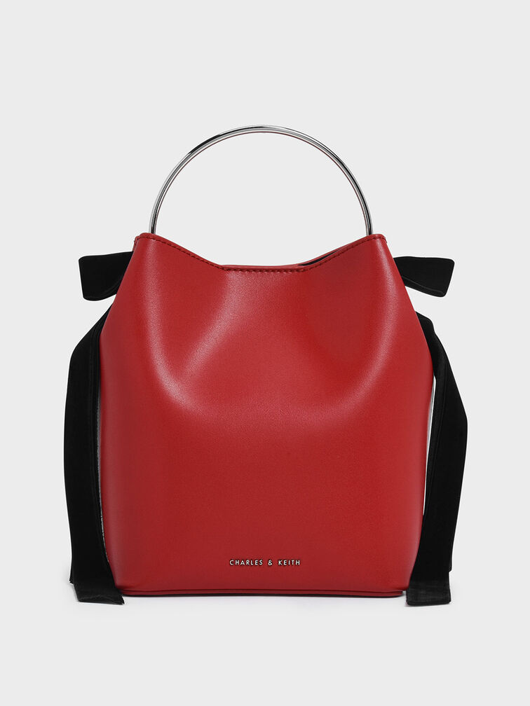 Velvet Bow Detail Bucket Bag, Red, hi-res