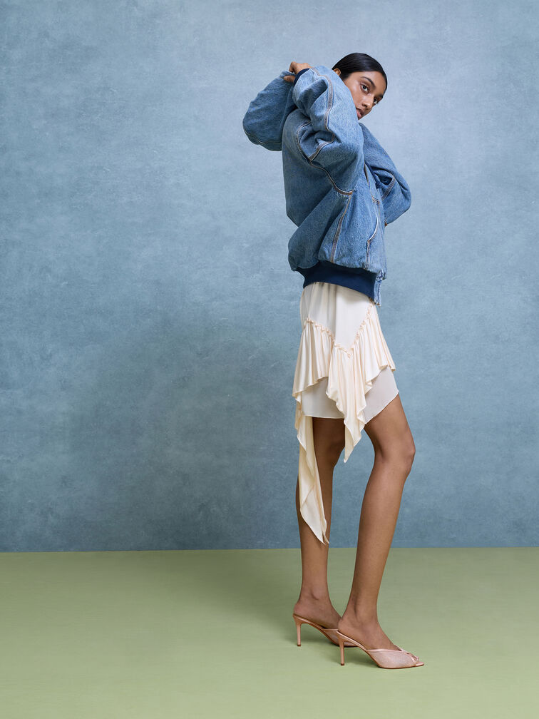 Glittered Mesh Peep-Toe Heeled Mules, Pink, hi-res