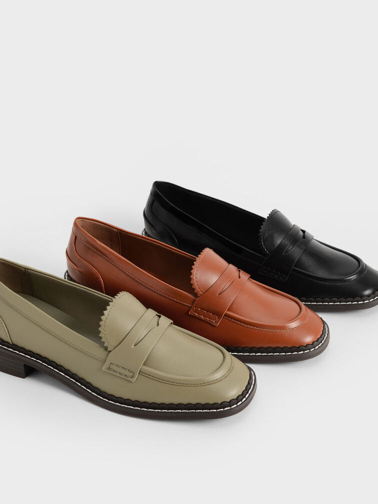 Scallop-Trim Penny Loafers, Cognac, hi-res